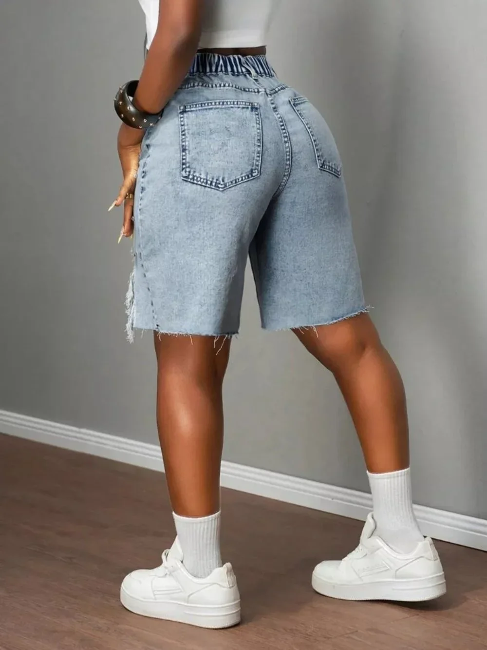 Distressed Rhinestone Denim Shorts - Picture 6 of 8